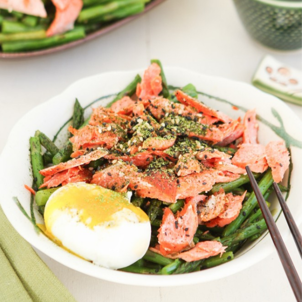 Warm Salmon Flake & Asparagus Salad with Matcha Vinaigrette