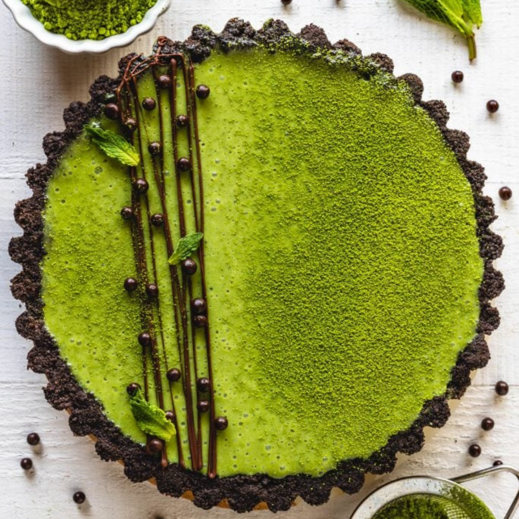 Matcha Pie with a Rich Chocolate Crumbly Crust